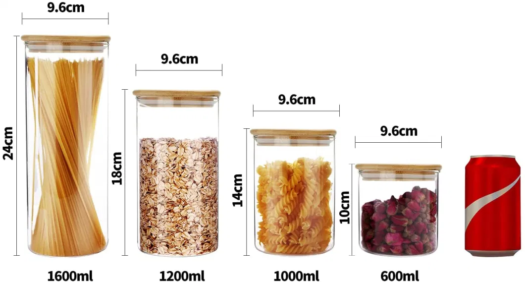 600ml 1000ml 1200ml 1600ml Glass Food Storage Sealed Cans Containers with Sealed Bamboo Lid Set Stackable