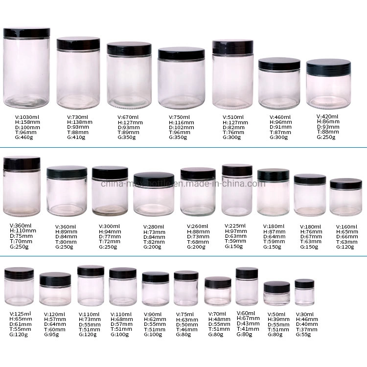 30ml-1000ml Food Storage Round Glass Jar with Plastic Lid